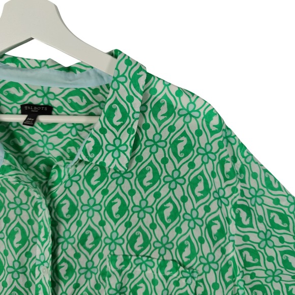 Talbots Woman 24W Green Seahorse Long Sleeve Button Top Coastal Novelty Resort - Picture 1 of 9